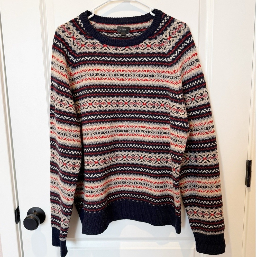 J Crew Mens Lambs Wool Fair Isle Crew Neck Sweater Size Large Nordic Thick Cozy